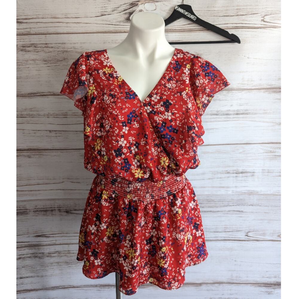 Parker Flutter Red Floral Print Red Mini Sun Dress sz Small